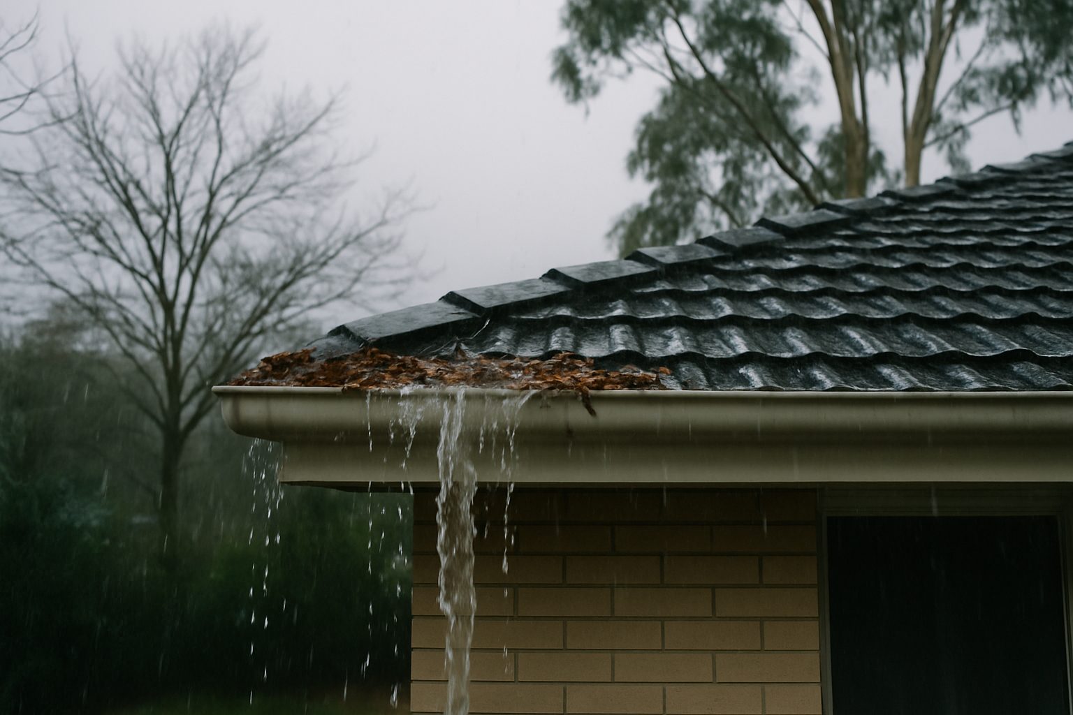 Rain overflowing a blocked gutter on a Melbourne house in winter